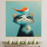 Adorable Cat with Bell and Cheerful Bird on Head Illustration Perfect for Kids Room Nursery and Animal Lovers Unique Gift Idea for Cat and Bird Enthusiasts on Ready to Hang 1.5" Thick Canvas Wrap, Floating Framed Canvas, Flat Rolled Canvas